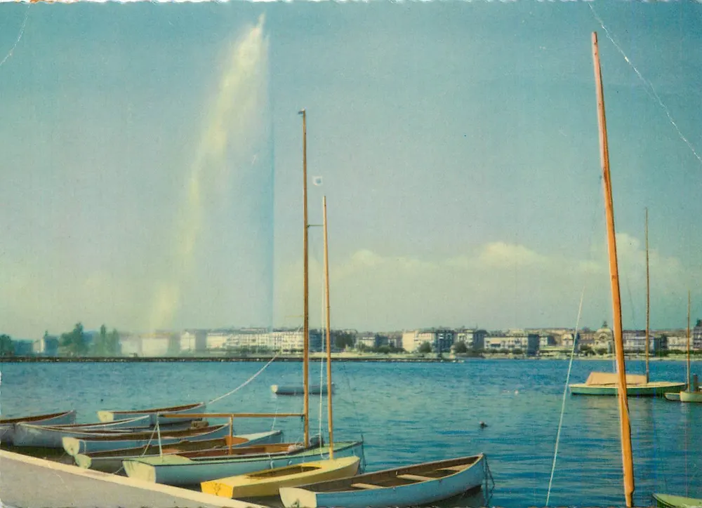 Genebra, o jato d'água — vista do lago com barcos a vela — impressa na Suíça - Frente