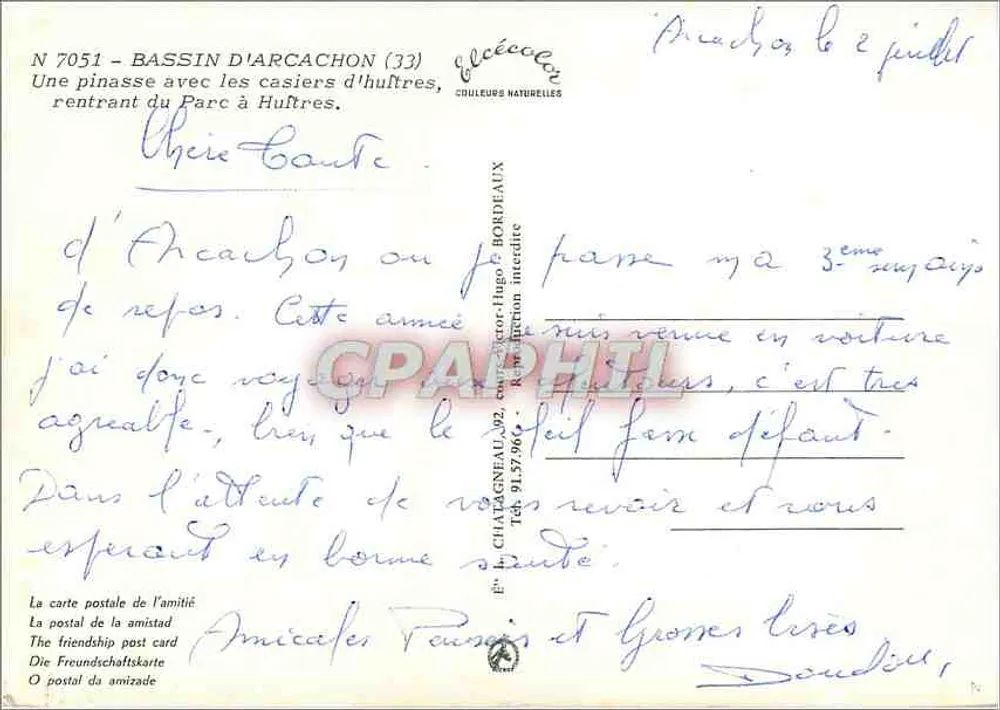Bassin d'Arcachon — Eine Pinasse mit Muschelkörben, die vom Muschelpark zurückkehren — Verlag: C. Chataigneau, Bordeaux - Rückseite