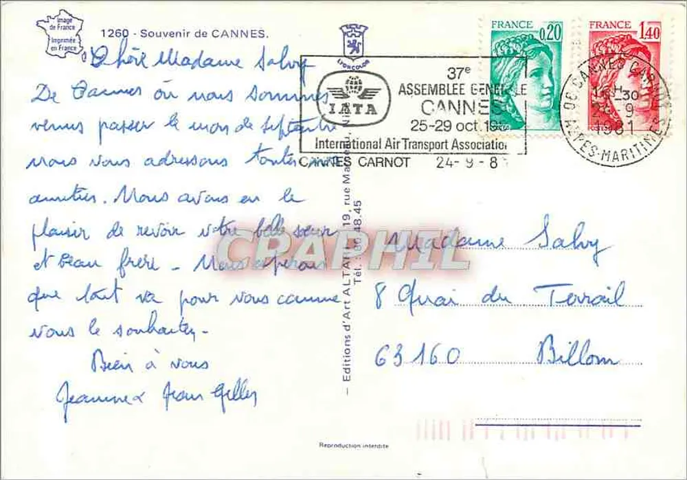 Cannes — flores de mimosa e vista da praia — Éditions d'Art Altamira, n°1260 - Verso