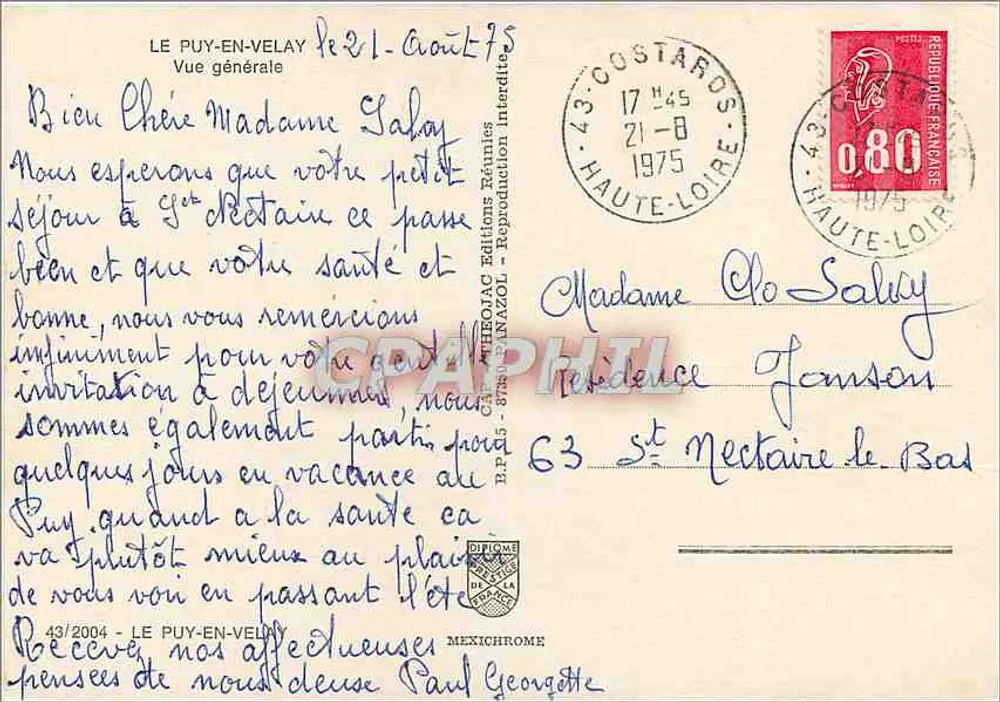 Le Puy-en-Velay — Vista geral — Éditions Réunies Éditions Réunies - Verso