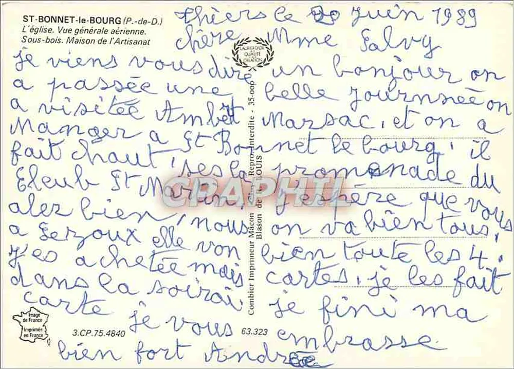 St Bonnet-le-Bourg — Schönes Dorf im Herzen des Livradois-Forez — Imprimerie de Biaison - Rückseite