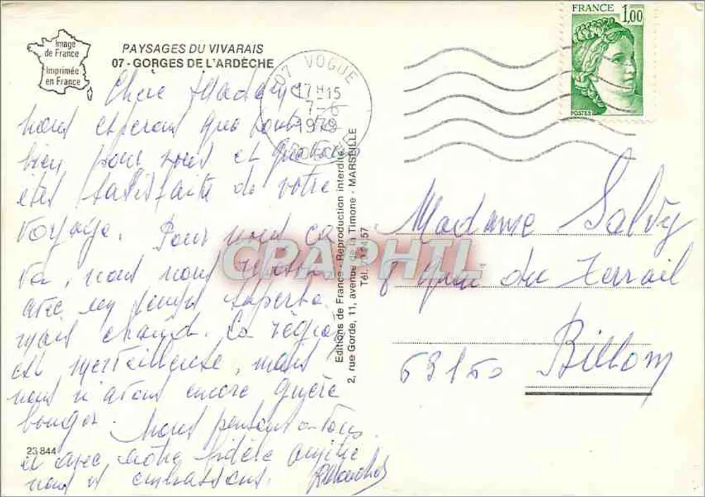Gorges de l'Ardèche — Paysages du Vivarais — Éditeur Imprimerie de France, n°23 844 - Verso