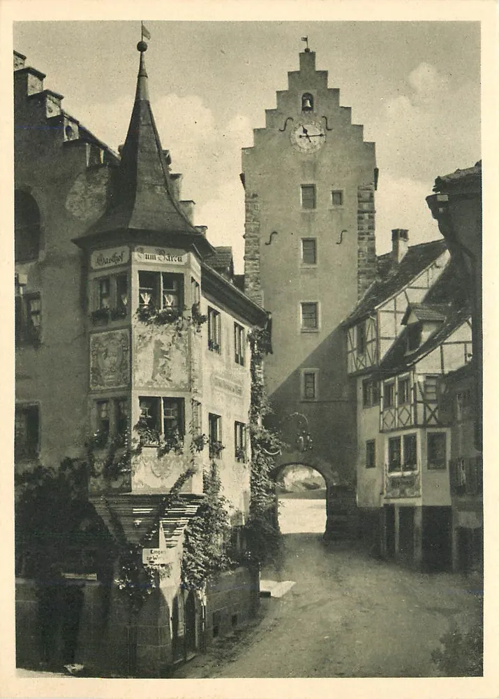 Meersburg am Bodensee — vue de la porte de la ville avec l'horloge — Graph. Kunst u. Verlagsanstalt A. Weber & Co., Stuttgart - Recto