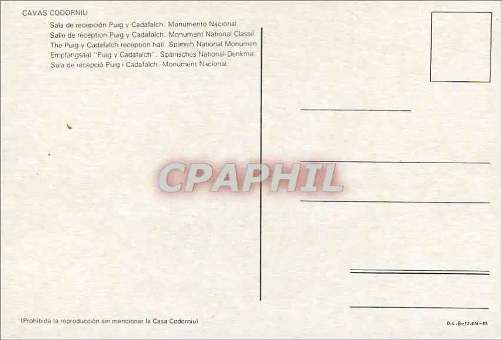 Empfangshalle Puig y Cadafalch — Casa Codorniu — Verleger CAVAS CODORNIU, Seriennummer O.L.B.12.874-85 - Rückseite