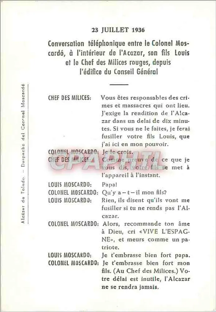 Intérieur de l'Alcazar — Conversation téléphonique entre le Colonel Moscardó et le Chef des Milices rouges — 23 juillet 1936 - Verso