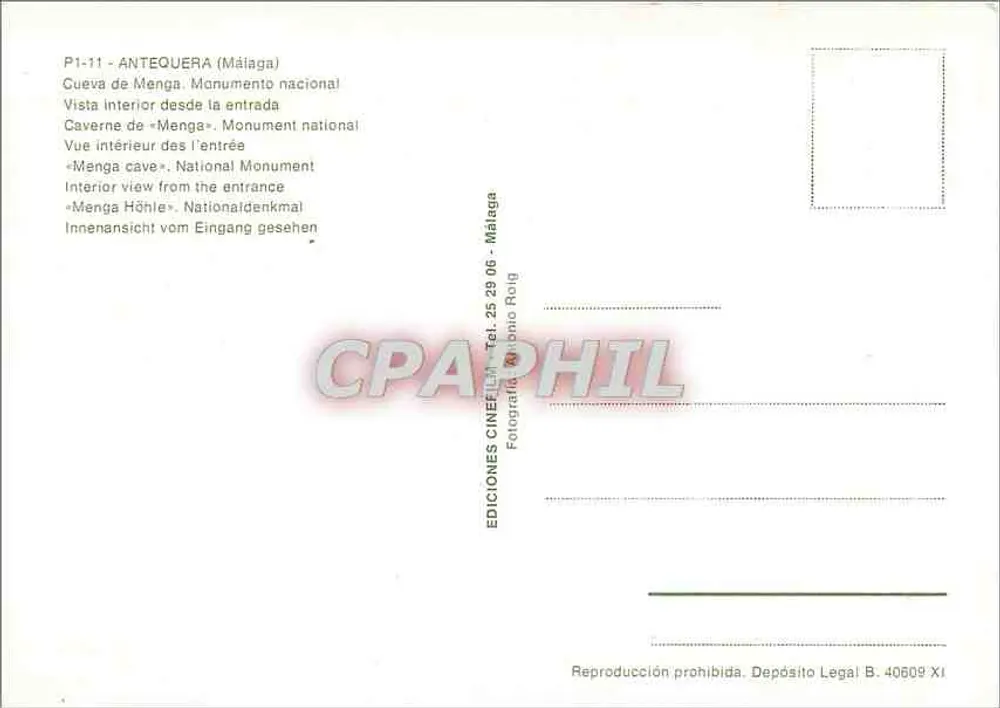Cueva de Menga — National Monument — Editions CINEFIL, n° P1-11 - Back
