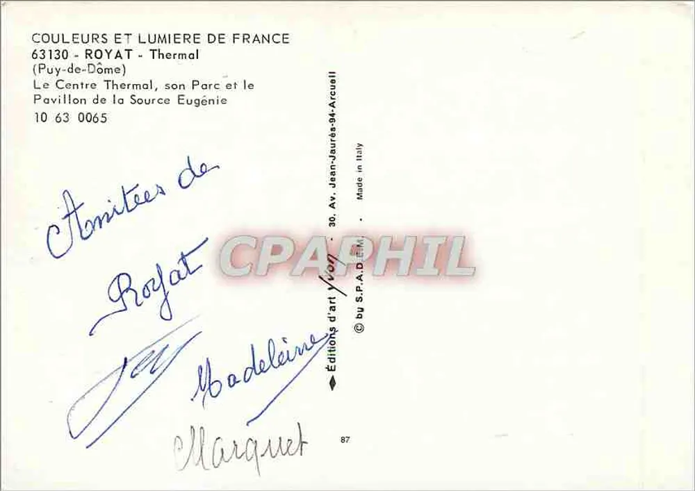 Royat — Centre Thermal et Pavillon de la Source Eugénie — Éditions d'art Yvoll - Verso