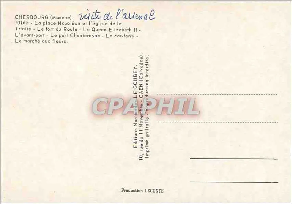 Cherbourg — Ansicht des Arsenal — Verlag Emy, Nr. 10165 - Rückseite