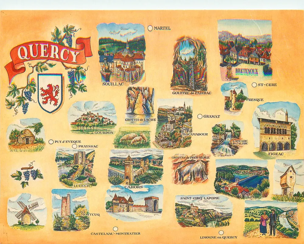 Quercy — cartão postal turístico ilustrando os sites do Quercy — editado por NEMI France - Frente
