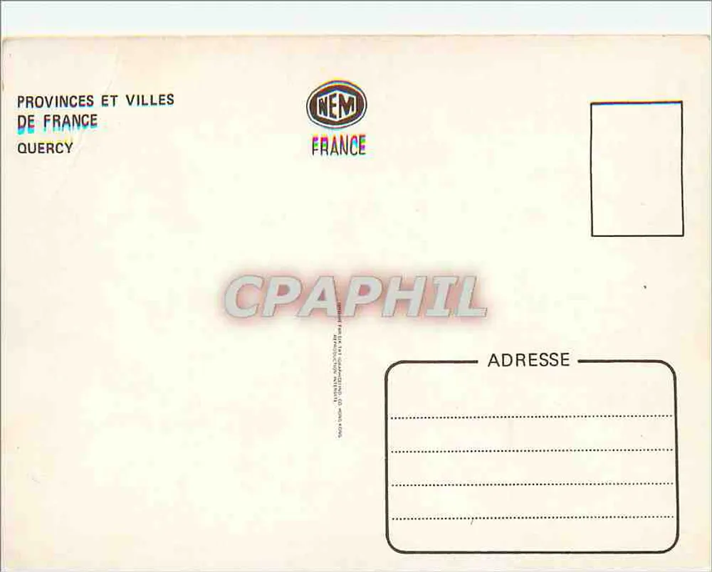 Quercy — cartão postal turístico ilustrando os sites do Quercy — editado por NEMI France - Verso
