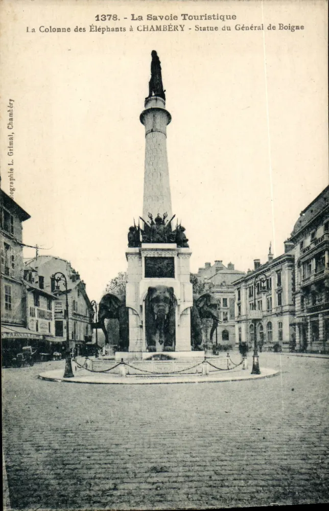 La Colonne des Éléphants à CHAMBERY — Statue du Général de Boigne — Éditeur L. Grimal - Recto