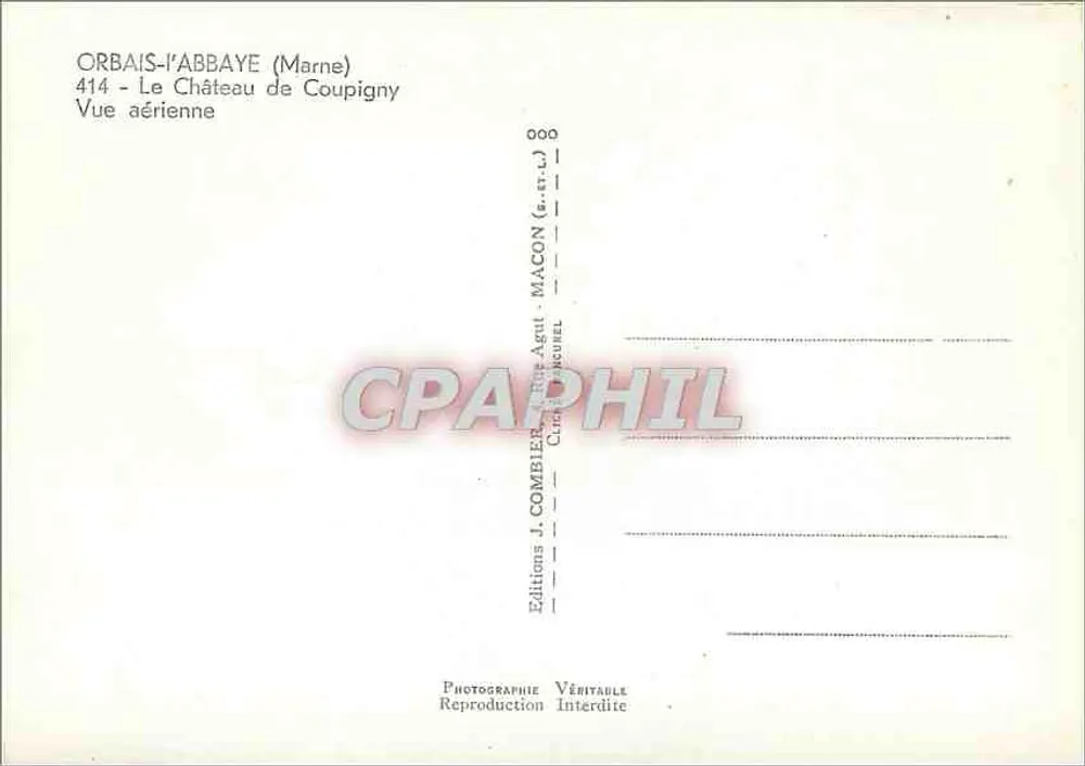 Orbais-l'Abbaye (Marne) — Le Château de Coupigny — Vue aérienne — Éditions J. Combier, Mâcon - Verso