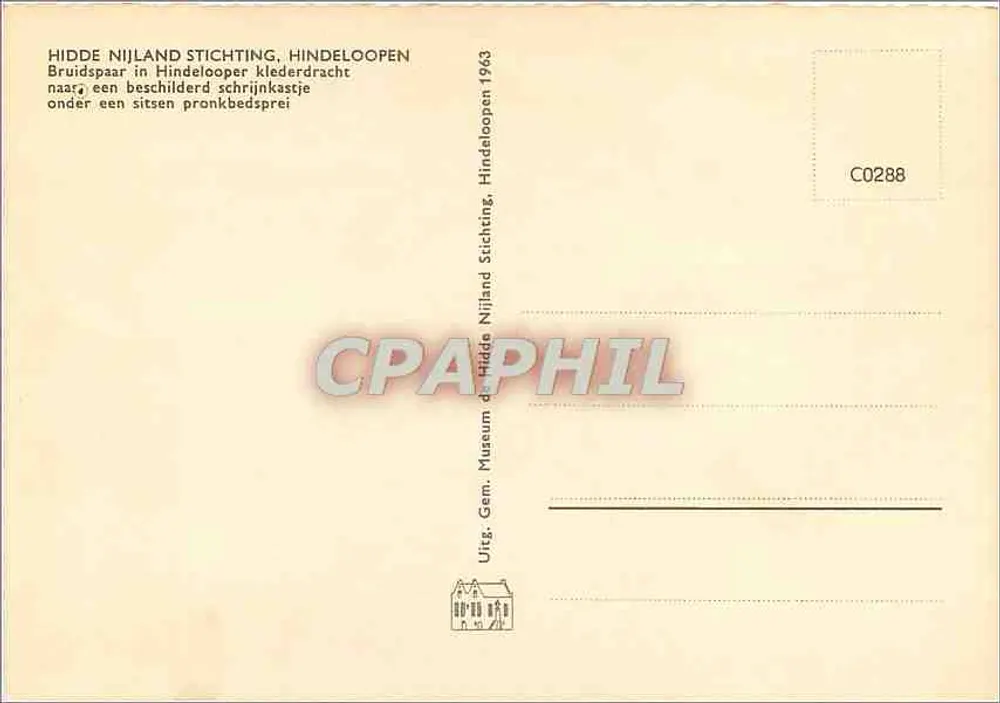 Hochzeitspaar in Hindelooper Tracht — unter einem geschmückten Möbelstück — Verlag: Hidde Nijland Stichting, Hindeloopen, Nr. C0288 - Rückseite