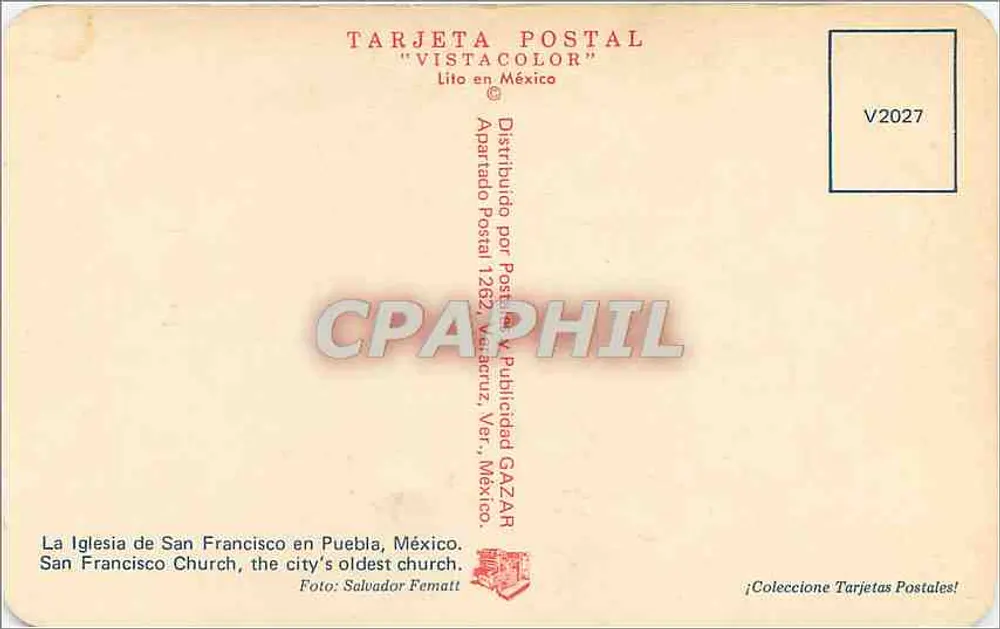 Kirche Saint-François — Puebla, Mexiko — V2027, veröffentlicht von Postales y Publicidad GAZAR - Rückseite