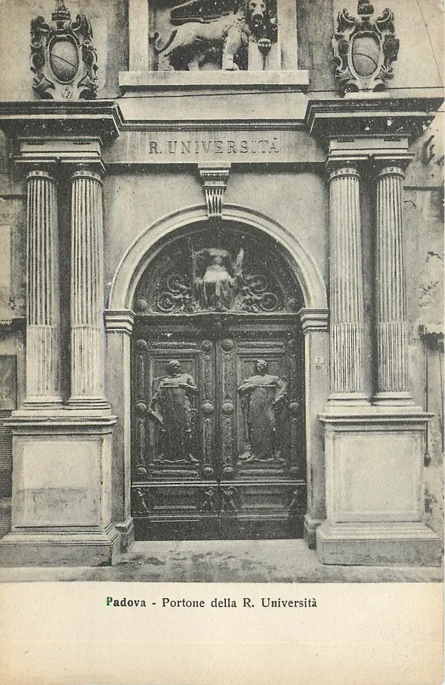 Padova - Portone della R. Università — entrée monumentale avec statues et inscription R. UNIVERSITÀ - Recto