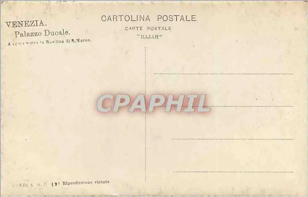 Vêneto — Vista do Palácio Ducal e da Basílica de São Marcos — Cartolina Postale 'RAJAR' - Verso