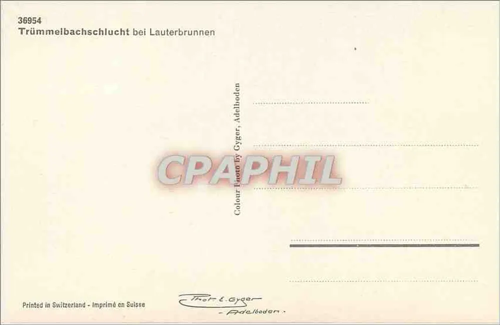 Trümmelbachschlucht bij Lauterbrunnen — uitgever Gyger, Adelboden, n° 36954 - Achterkant