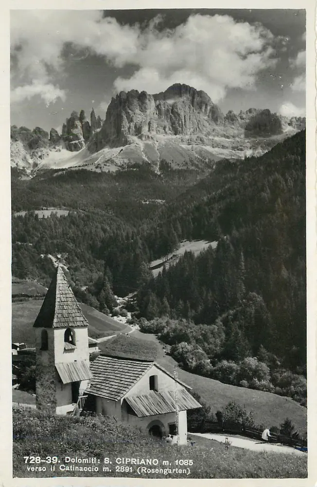 S. Cipriano m. 1085 — Richtung Catinaccio m. 2891 (Rosengarten) — Dolomiten — Serie 728-39 - Vorderseite