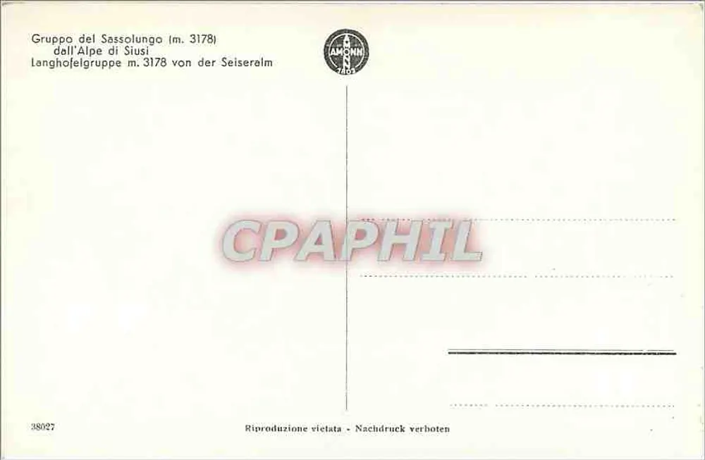 Gruppo del Sassolungo (m. 3178) — Alpen von Siusi — Verlag AMONN, Nr. 38027 - Rückseite