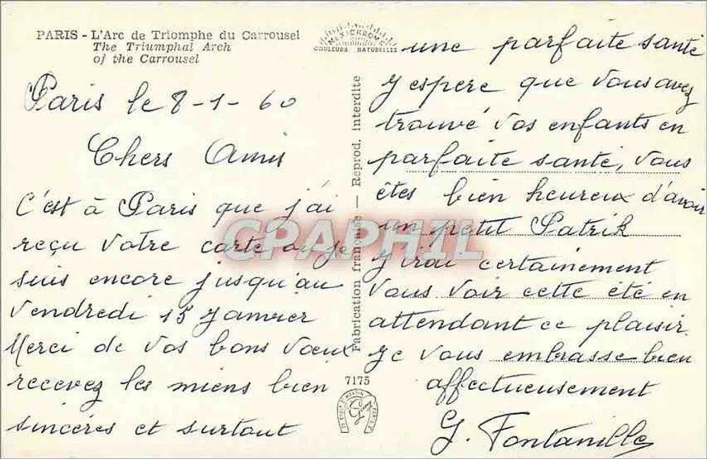 Paris - O Arco do Triunfo do Carrousel — editor C. B. R. - n° 7175 - Verso