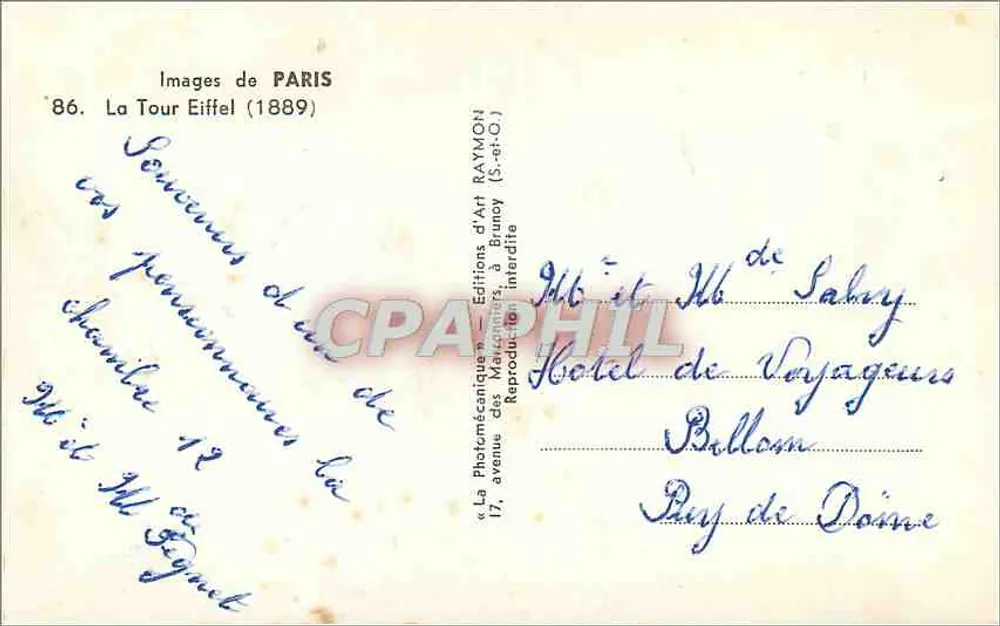 A Torre Eiffel — vista de um jardim — Éditions d'Art RAYMON (S.-et-O.) - Verso