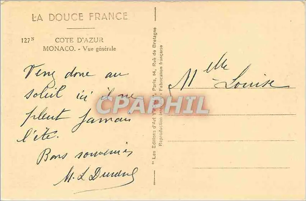 Monaco — Allgemeiner Blick — La Douce France, n°127 - Rückseite