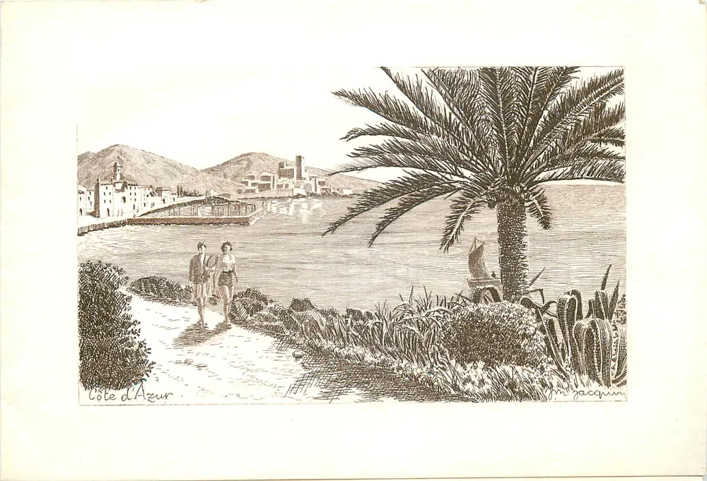 Costa do Azul — vista costeira com palmeira e passeio — gravura de J.M. Jacquin - Frente