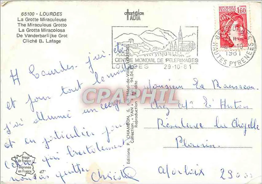 Gruta de Lourdes — Nossa Senhora de Lourdes — Éditions de France - Verso