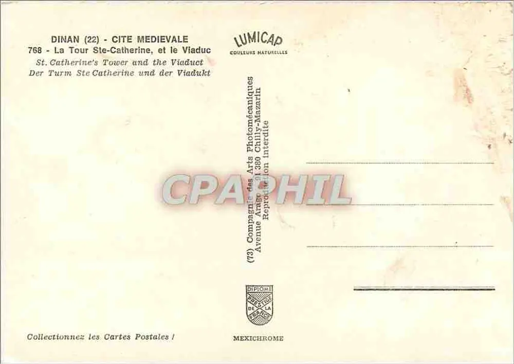 Dinan (22) - Mittelalterliche Stadt — Turm Ste-Catherine und der Viadukt — Verlag LUMICAP, Nr. 768 - Rückseite