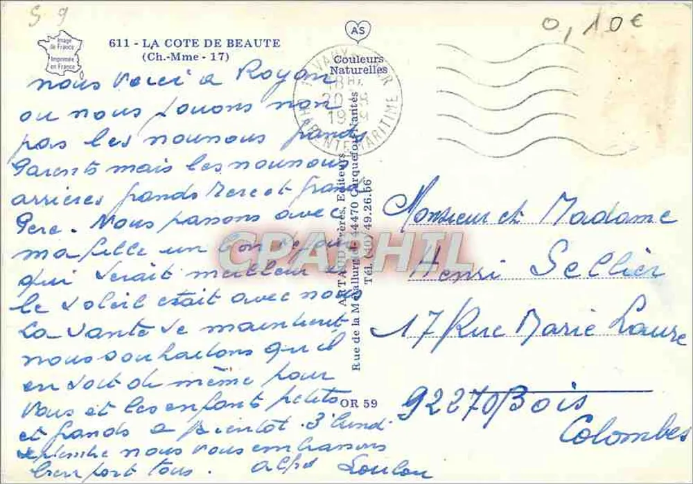 A Costa da Beleza — vista panorâmica de Royan, Pontaillac, Naouzan-sur-Mer, Saint-Palais-sur-Mer, La Palmyre, La Tremblade, La Grande Côte, Ronce-les-Bains — editor Art de la Méridionale, n° 59 - Verso