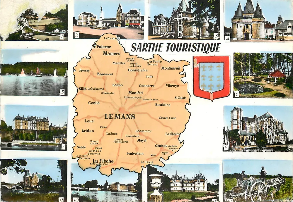 Sarthe Touristique — carte postale illustrée avec carte de la Sarthe et 10 vignettes de lieux — éditeur GEORGE DOLFEAU & R. AUVRAY - Frente