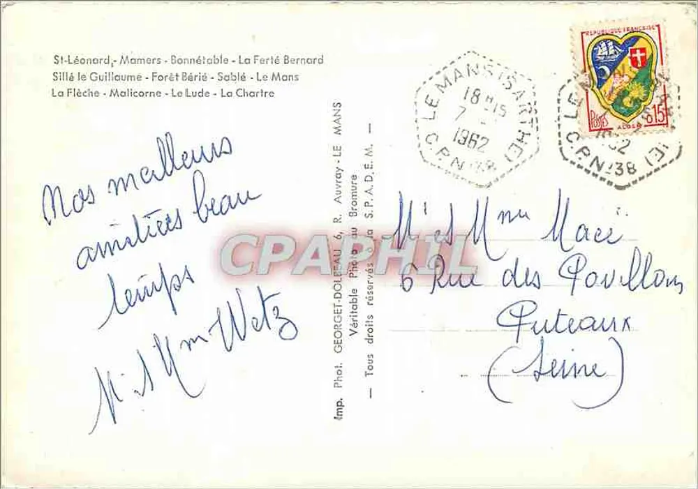 Sarthe Touristique — carte postale illustrée avec carte de la Sarthe et 10 vignettes de lieux — éditeur GEORGE DOLFEAU & R. AUVRAY - Verso