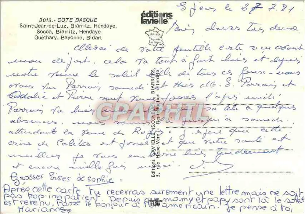Côte Basque — vue panoramique — éditions Lavielle, n° 3013 - Verso
