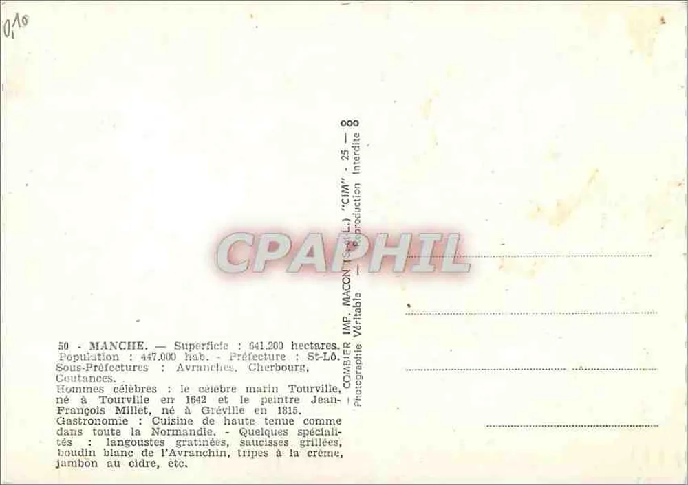 Manche — Carte postale touristique avec carte et photos de lieux - Verso