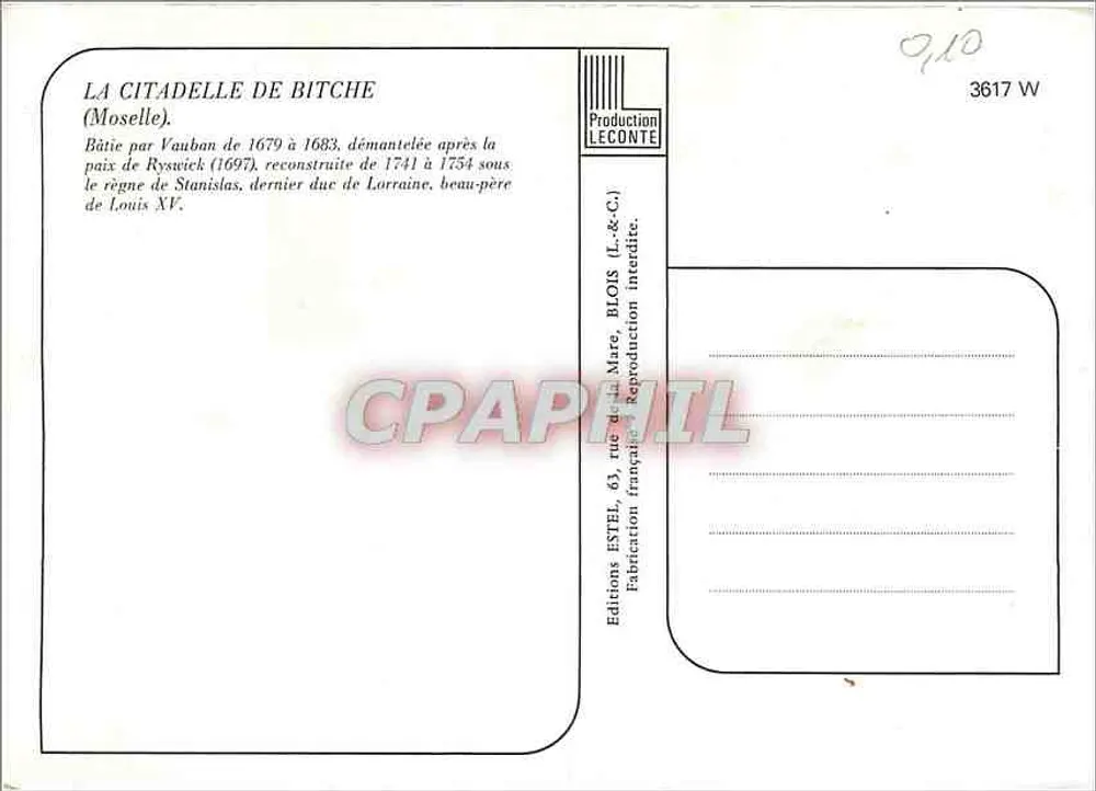 Citadelle de Bitche — Verlag Estel, Seriennummer 3617 W - Rückseite
