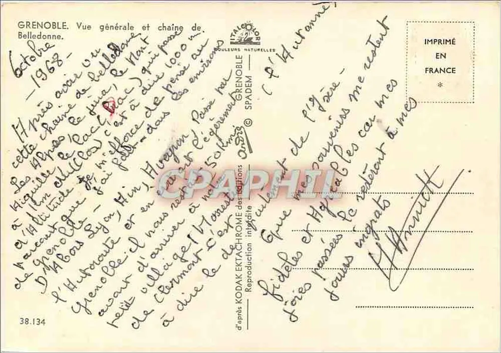 Grenoble — vista geral e cadeia de Belledonne — editor Spadem, n° 38.134 - Verso