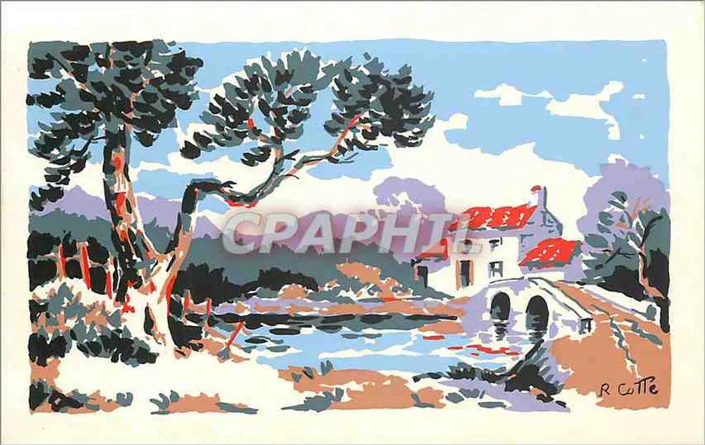 Paisagem com casa e ponte — gravura de R. Cotte — editor não visível - Frente