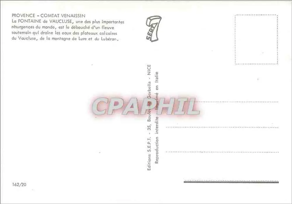 La Fontaine de Vaucloze par Basses-Eaux — Provence - Comtat Venaissin, éditions S.E.P.T. n°162/20 - Verso
