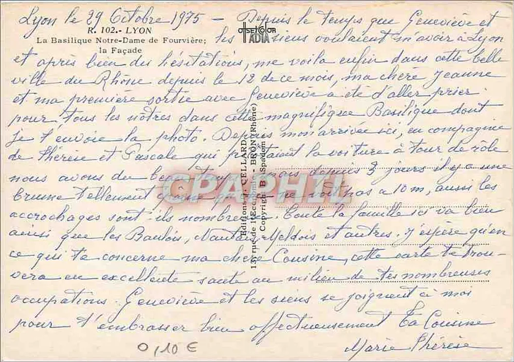 A Basílica Nossa Senhora de Fourvière — Lyon — Edições da Escola de Lyon, n° R. 102 - Verso