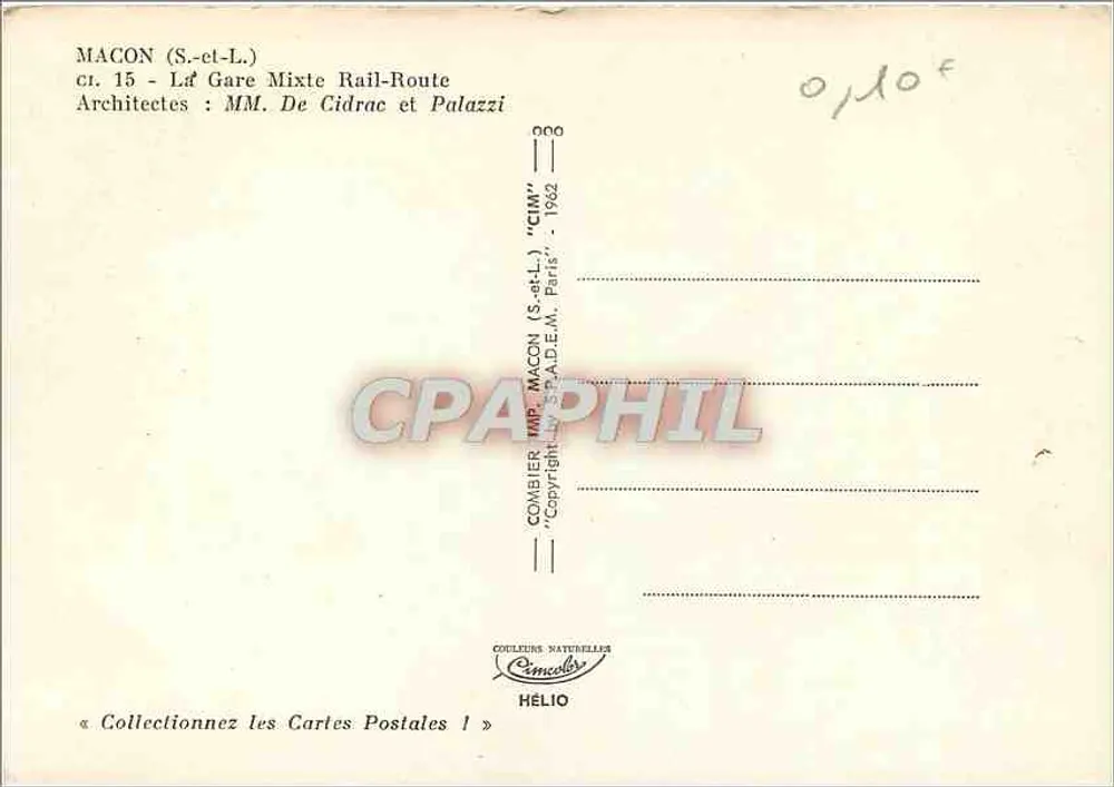Macon (S.-et-L.) — Estação Ferroviária e Rodoviária — Arquitetos MM. De Cidrae e Palazzi — CIW — 1962 - Verso