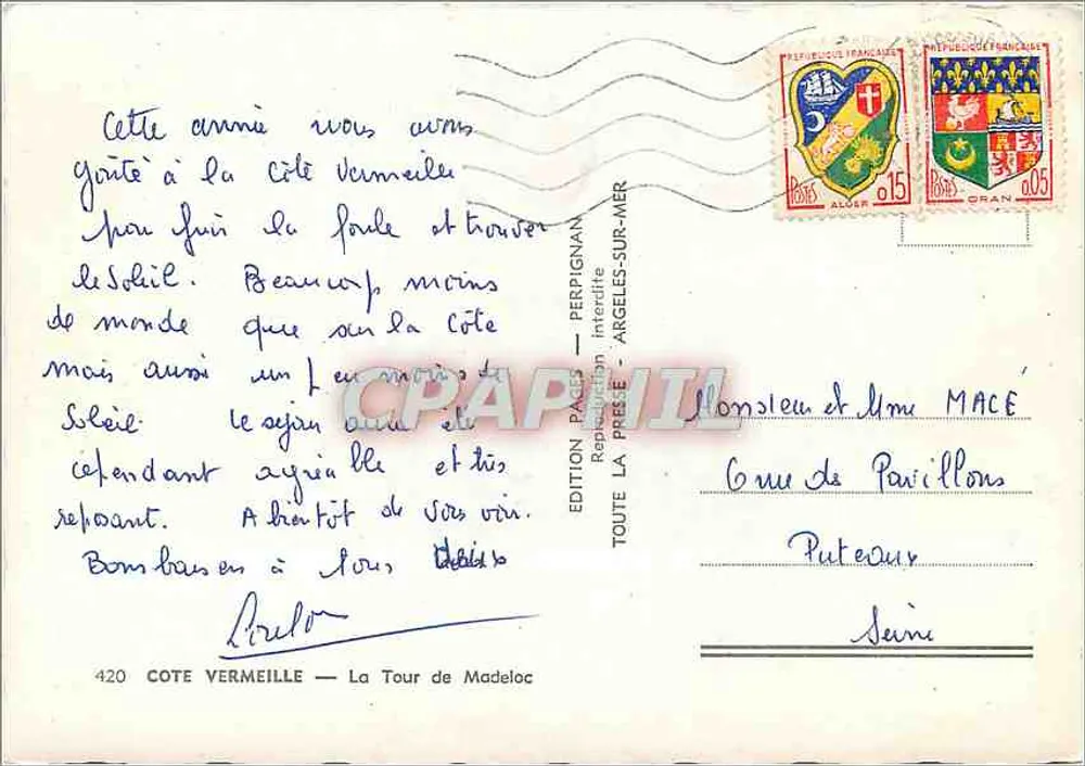 Côte Vermeille — Torre de Madeloc — Edição PAP — n°420 - Verso