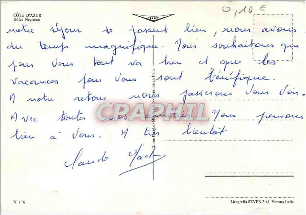 Hotel Negresco — Nice, Costa Azul — editor Septic, n° 176 - Verso