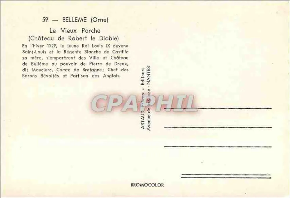 Belleme (Orne) — Der alte Torbogen (Schloss Robert le Diable) — Artaud Frères - Nantes - Rückseite