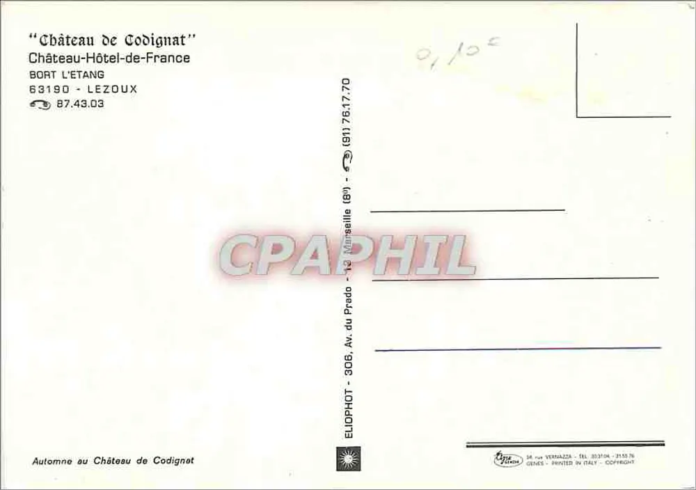Château de Codignat — Automne — Éditeur ELIOPHOT, Imprimerie italienne - Verso