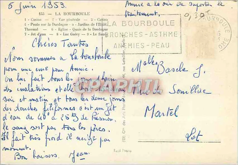 La Bourboule — vista geral, cassino, igreja, lago Guéry — editor Cité des Arts Photo, n°155 - Verso