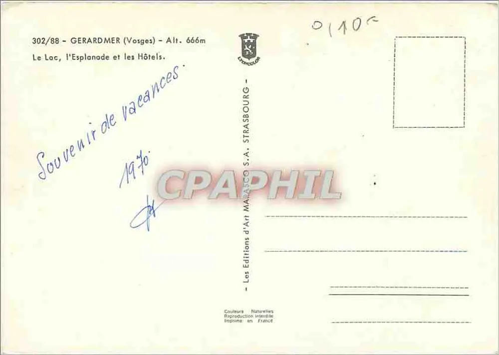 Gérardmer (Vosges) — Le lac, l'esplanade et les hôtels — Éditions d'Art Maracco S.A., Strasbourg - Verso