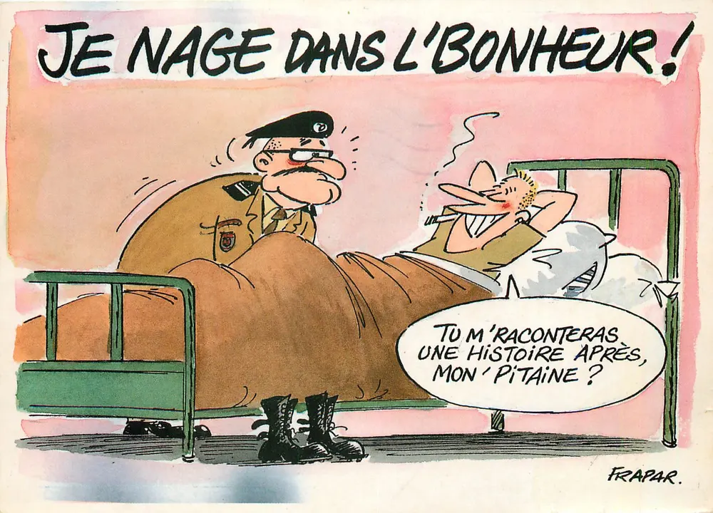 Soldat in Uniform und Mann im Bett — Zeichnung von Frapar — Cartenfolies - Vorderseite