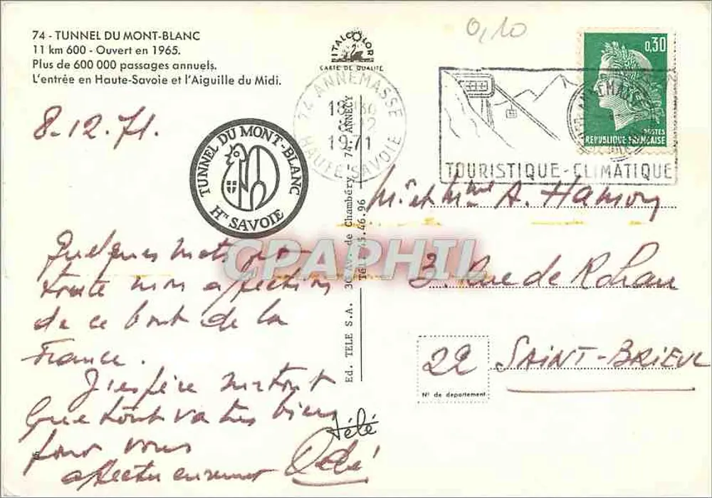 Tunnel du Mont Blanc — vue du tunnel et du sommet enneigé — éditeur Télésa S.A. - Verso