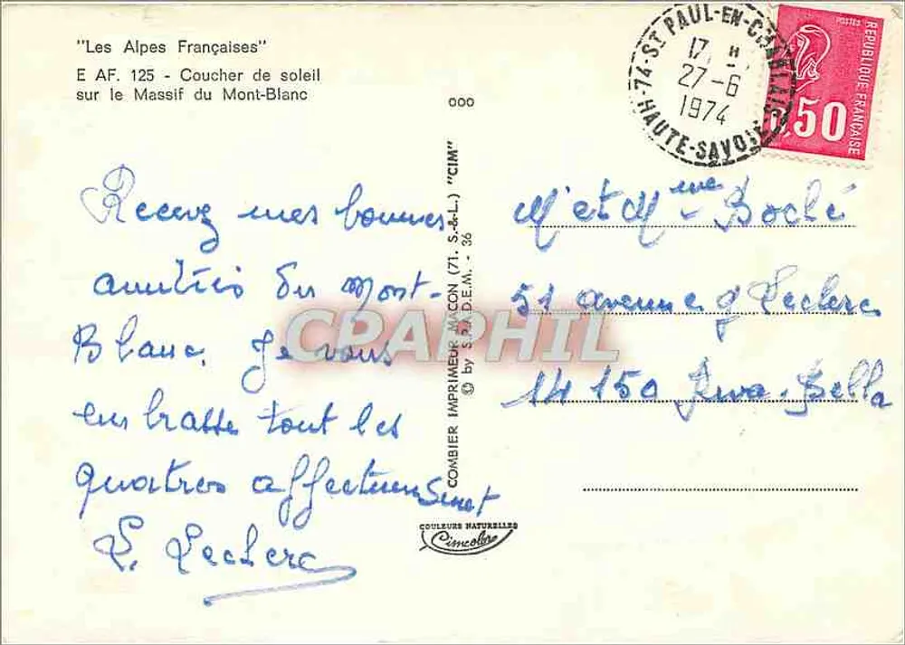 Sonnenuntergang über das Mont-Blanc-Massiv — Die französischen Alpen — Verlag Combier Drucker - Rückseite