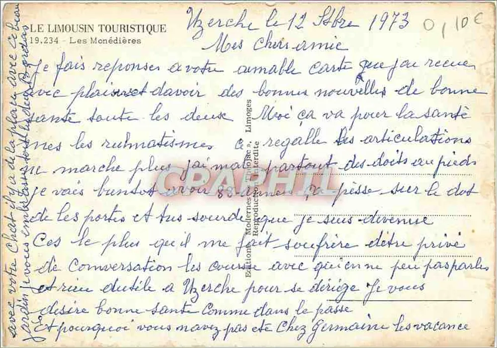 Les Monédierès — vue panoramique et scènes locales — Édition Le Limousin Touristique, n°19.234 - Verso